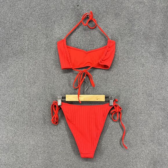 Pacsun Swim Bikini Womens Top Large Bottom Small Red Ribbed Two Piece Tie Side - Picture 2 of 11